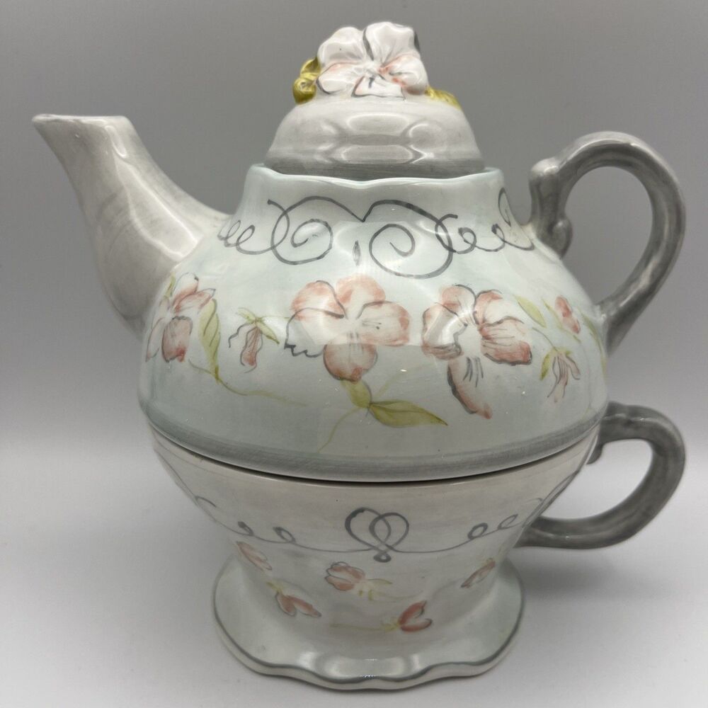 Tracy Porter Hand Painted Single Stackable Teapot Cup For One Georgette Pattern